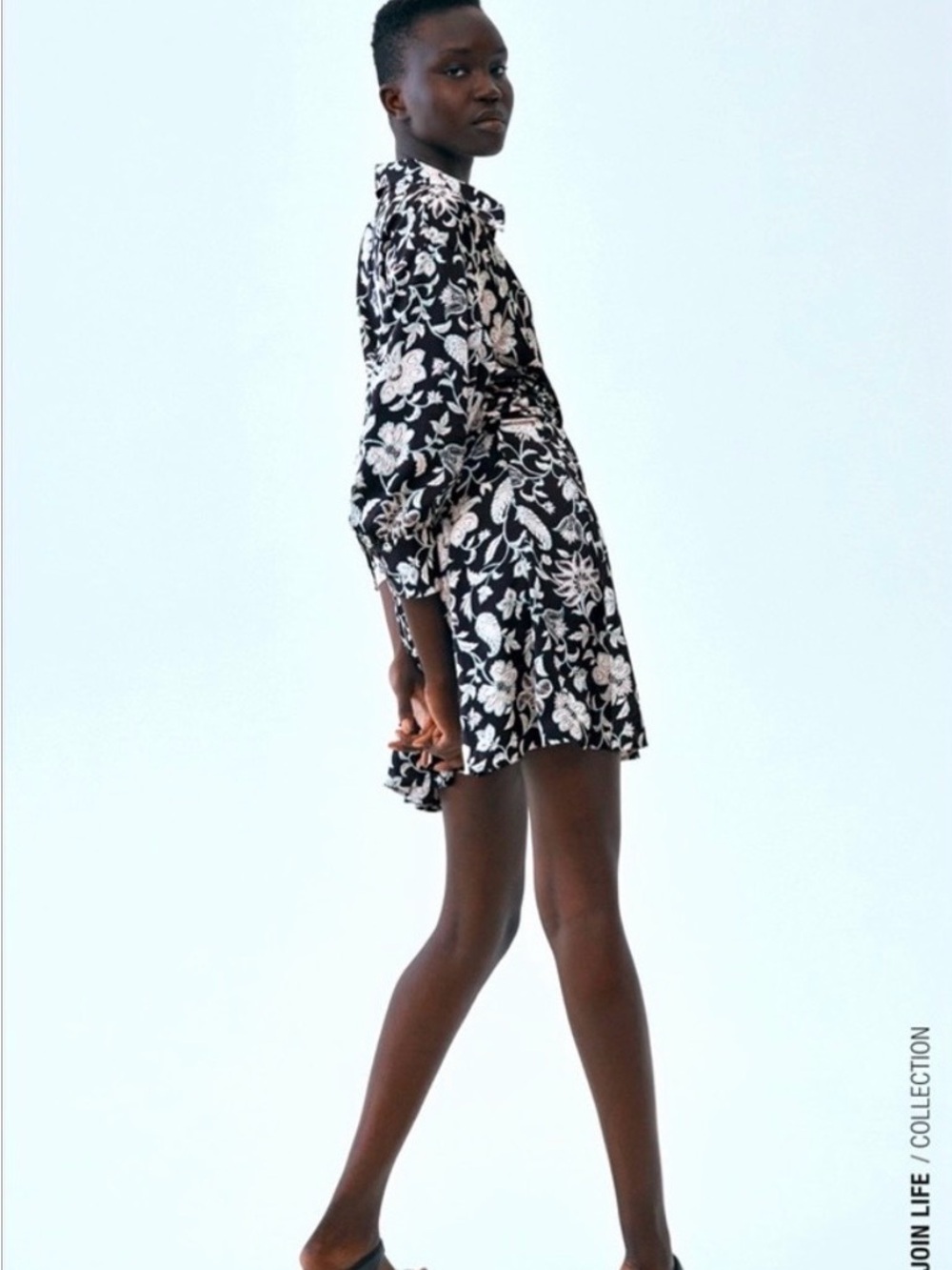 Zara | Black Floral Long-Sleeve Satin Boho Midi Shirt Dress | Sz XL - Picture 4 of 10